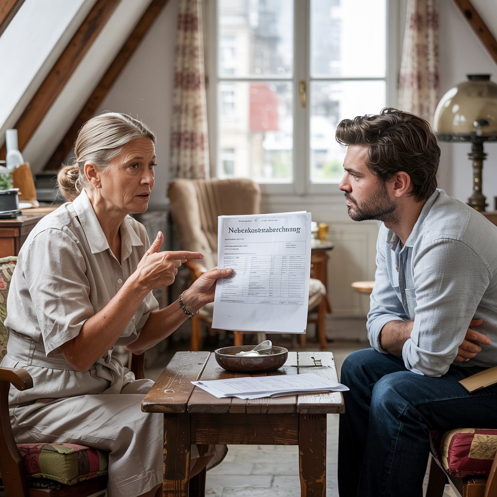 Ältere Frau und junger Mann diskutieren Nebenkostenabrechnung in Dachgeschosswohnung, Streit um ausstehende Zahlungen 2022.